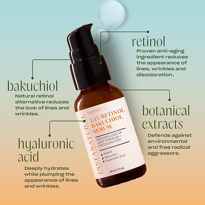 InstaNatural Retinol Serum for Face with 2.5% Retinol, Bakuchiol, Hyaluronic Acid & Squalane | Smoothing Serum for Even-Toned, Youthful-Looking Skin - 1 Fl Oz