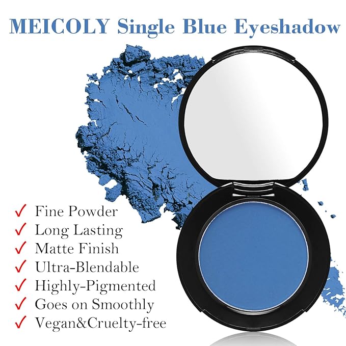 MEICOLY Single Blue Eyeshadow with Mirror and Mini Brush,Matte Eye Shadow Powder,High Pigment Eye Makeup,Waterproof Eyeshadow Palette,Talc-Free,Long Lasting,Blendable