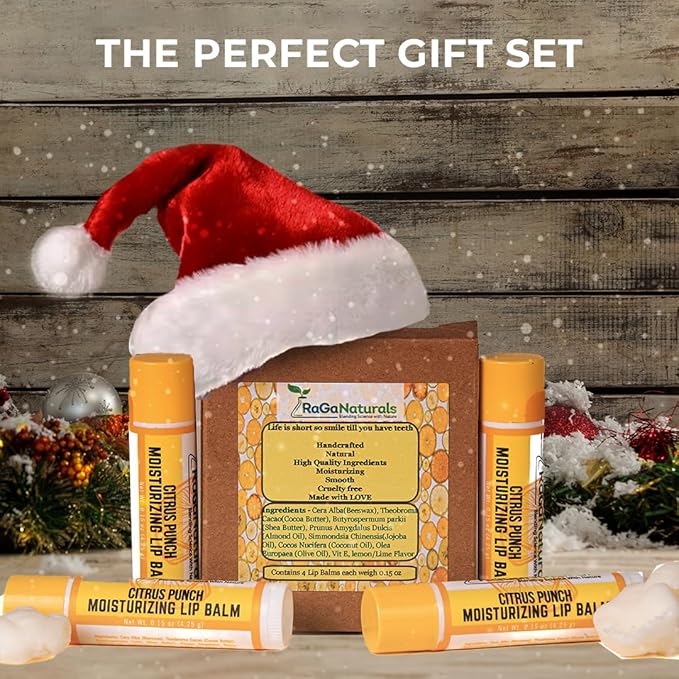 RaGaNaturals All Natural Lemon Moisturizing Lip Balm Gift Ornament for Holiday Stocking Stuffers, All Day Hydration, Original beeswax, Shea butter, Jojoba oil, Vitamin E and Love - Pack of 4 Tubes