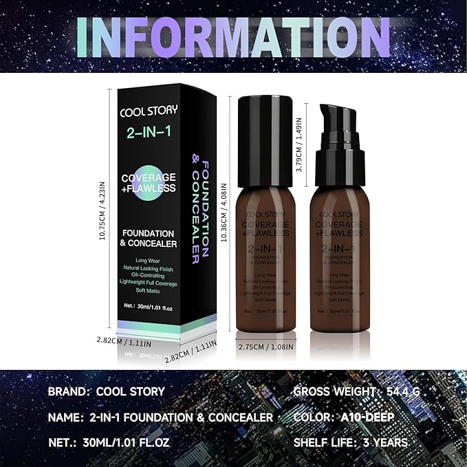 2-in-1 Foundation and Concealer Long Wear Natural Matte Finish Lightweight Coverage (Deep)