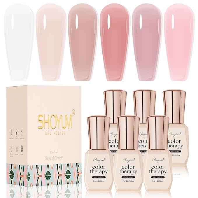Milky White Jelly Nude Gel Nail Polish Set, 6 Transparent Colors Sheer Pink Gel Nail Kit for Salon and Nail Art DIY at Home