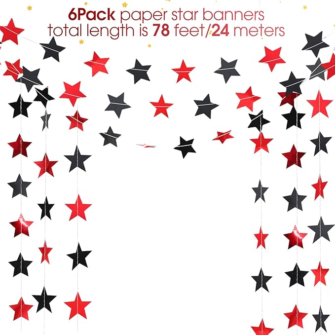 Patelai Glitter Star Garland Banner New Years Decor 130 Feet Star Hanging Banner Twinkle Backdrop for Birthday Classroom Wedding Halloween Christmas Party Supplies(Red,Black)