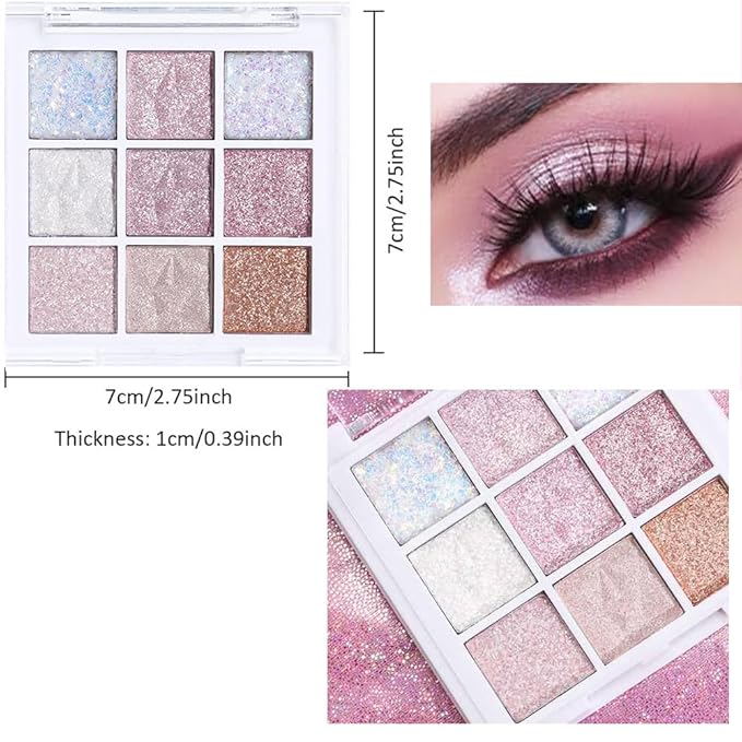 Glitter Shimmer Eye Shadow Palette Makeup,Pink White Purple Sparkle Warm Pastel 9 Colors Eye Shadow Palette,Nude White Eyeshadow Palette Colorful Long Lasting Waterproof Naturing-Looking