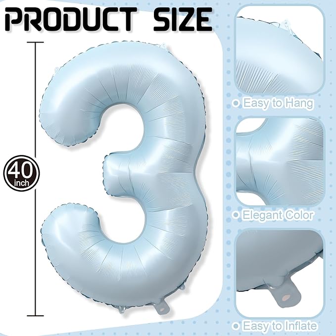 3rd Birthday Balloons for Boys, 40'' Foil Self Inflating Light Matte Blue Number 3 Balloon, Pastel Sky Blue Large Mylar 3 Balloon Number for Kids 3 Yeal Old Birthday Party Decor Anniversary Decoration