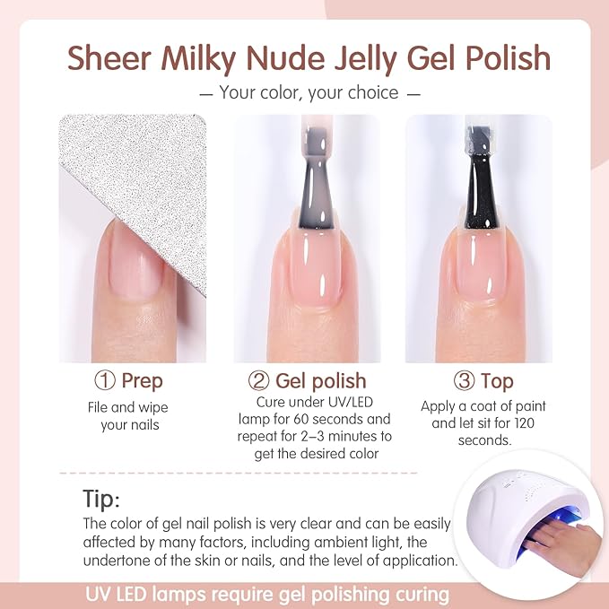 Nude Pink Gel Nail Polish Set- 6 Colors Sheer Milky White Jelly Gel Polish All Seasons Skin Tones Neutral Gel Polish Kit, Soak Off LED Gel Nail Kit Manicure DIY Home