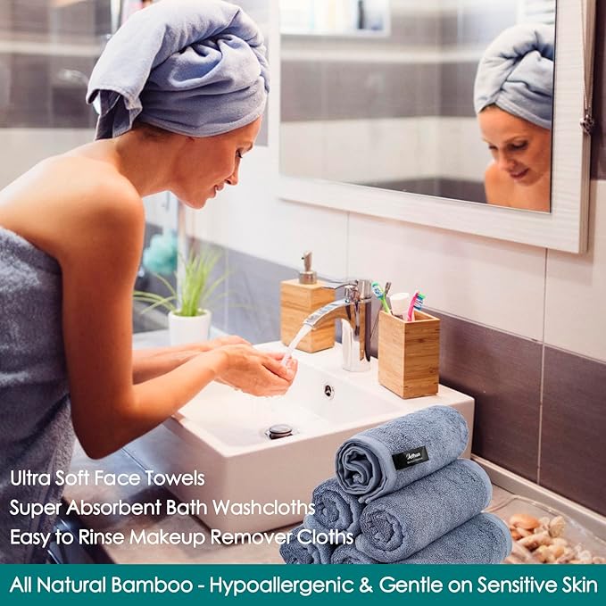 Wash Cloths 12 Pack, 13x13 inch Large Face Towel on Sensitive Skin, Easy to Clean Slate Blue Makeup Eraser Cloth, Super Soft and Gentle Bath Washcloths for Face and Body, Reusable Facial Clean Clot