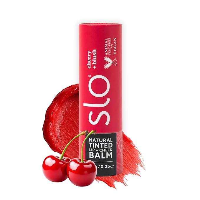 Slo | Natural Tinted Lip and Cheek Balm - All Natural Ingredients, Vegan & Cruelty Free, Hydrating & Soothing, Plastic Free, Paper Packaging | Cherry Blush, (0.28oz/8g)