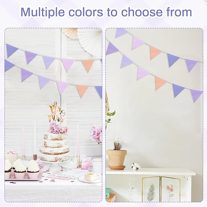 2PCS Pennant Banner Flags, Fabric Bunting Banner Nursery Garland Decor, Baby Shower Garland, Triangle Flags for Baby Boy Room, Playroom, Boho Birthday Party Decor, Each 7.75 ft (Purple Pink)