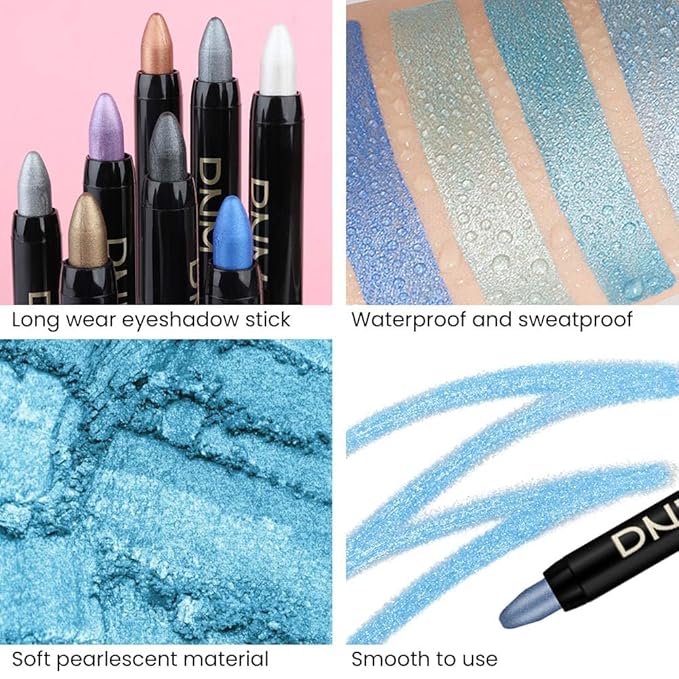 evpct 4Pcs Cream Blue Eyeshadow Stick Pencil Set for Eyes Waterproof Sky Blue Dazzling Blue Greenish Cyan Royal Blue Shimmer Metallic Holographic Eyeshadow Crayon Stick Bulk