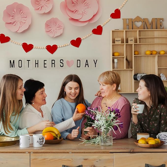 Valentine's Day Heart Decorations, Felt Hearts Wood Bead Garland Banner for Valentine's Day Decor