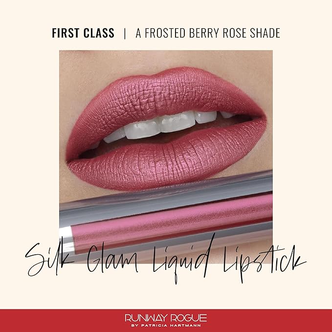 Runway Rogue Silk Glam Liquid Lipstick, Long Wear Frosted Berry-Rose Lipstick, ‘First Class’
