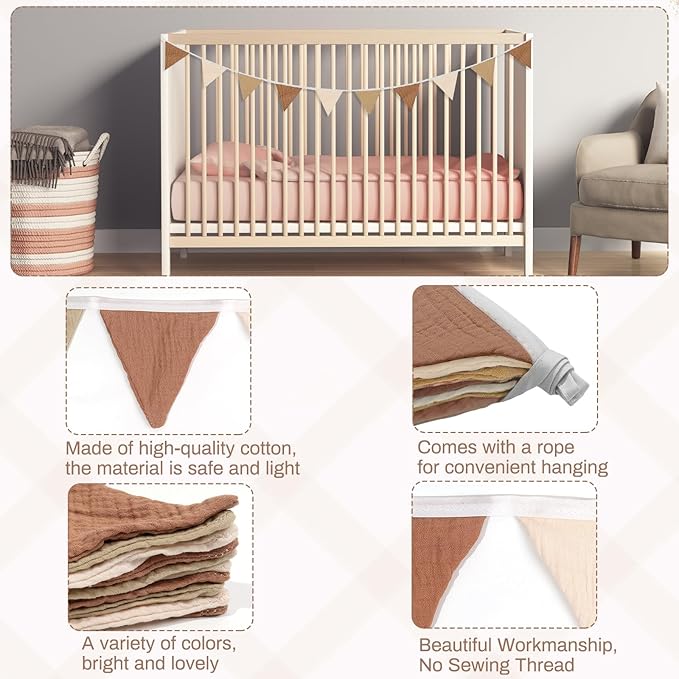 2PCS Pennant Banner Flags, Fabric Bunting Banner Nursery Garland Decor, Baby Shower Garland, Triangle Flags for Baby Boy Room, Playroom, Boho Birthday Party Decor, Each 7.75 ft (Brown White)