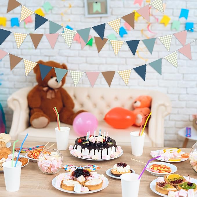 33 Ft Gingham Hanging Banner Decoration Boho Pennant Plaid Triangle Flag Fabric Bunting Garland for Birthday Wedding Baby Shower Party Supplies