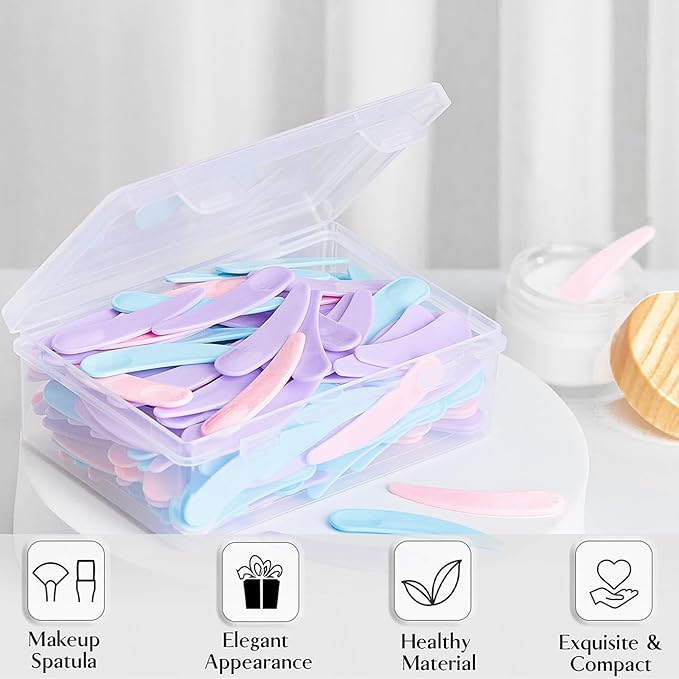 TUZAZO 200pcs Mini Spatula for Cosmetics, Bulk Disposable Makeup Spatulas Mini Plastic Makeup Scoop Spatulas for Cosmetic Mixing and Sampling (Multi Colored with Storage Box)