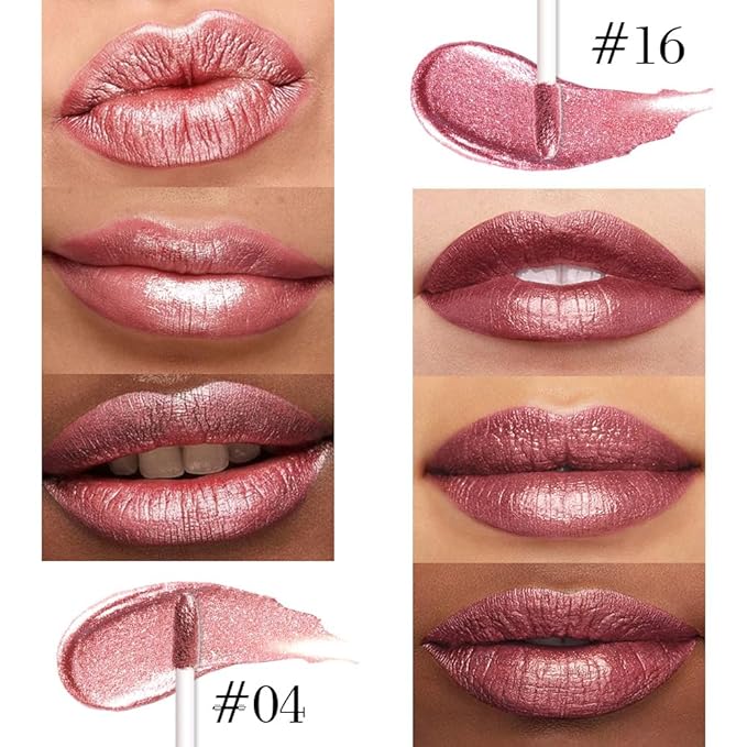 evpct 2Pcs Rose Gold Mauve Metallic Glitter Lip Liner and Lipstick Combo, Shimmery Lip Gloss Stain Set Makeup for Women Long Lasting Waterproof 24, Metallic Shimmer Iridescent Glossy Liquid Lipstick