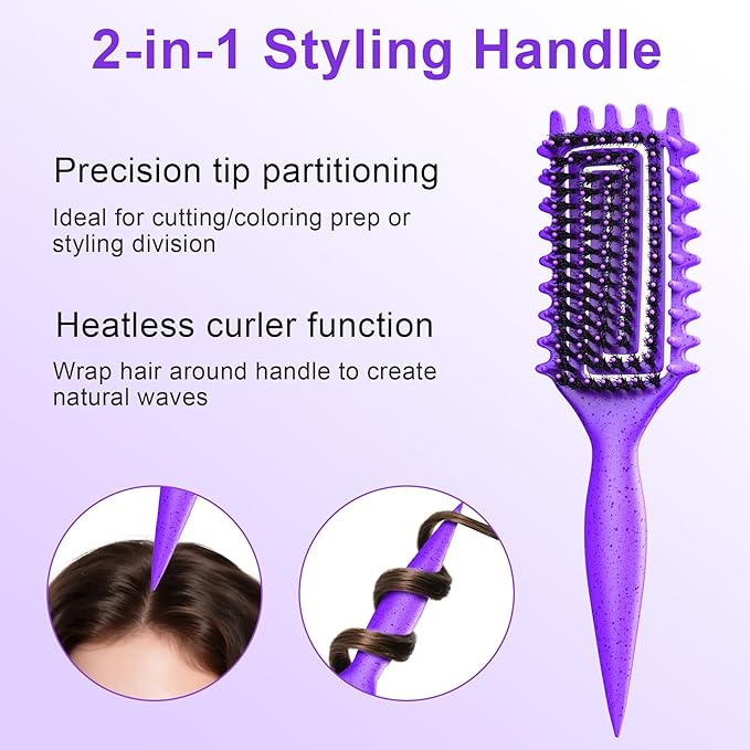 2-Pack Curly Hair Brush, Curl Defining Brush with Soft Boar Bristles Detangling Tangled Glides, Wide-Teeth Design Effortlessly Shaping & Defining Curls, Curling Definer for Wet & Dry Hair(Pink Purple)