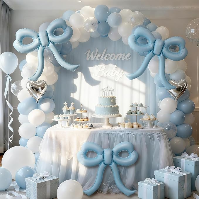 4 Pcs Baby Blue Bow Balloons Bow Birthday Party Decorations for Girl Women Bow Decor Blue Birthday Decorations Giant Dusty Blue Balloons for Baby Shower Bridal Bachelorette Party Supplies
