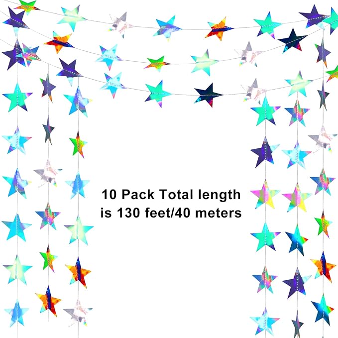 Patelai Glitter Star Garland Banner New Years Decor 130 Feet Star Hanging Banner Twinkle Backdrop for Birthday Classroom Wedding Halloween Christmas Party Supplies(Holographic Iridescent)