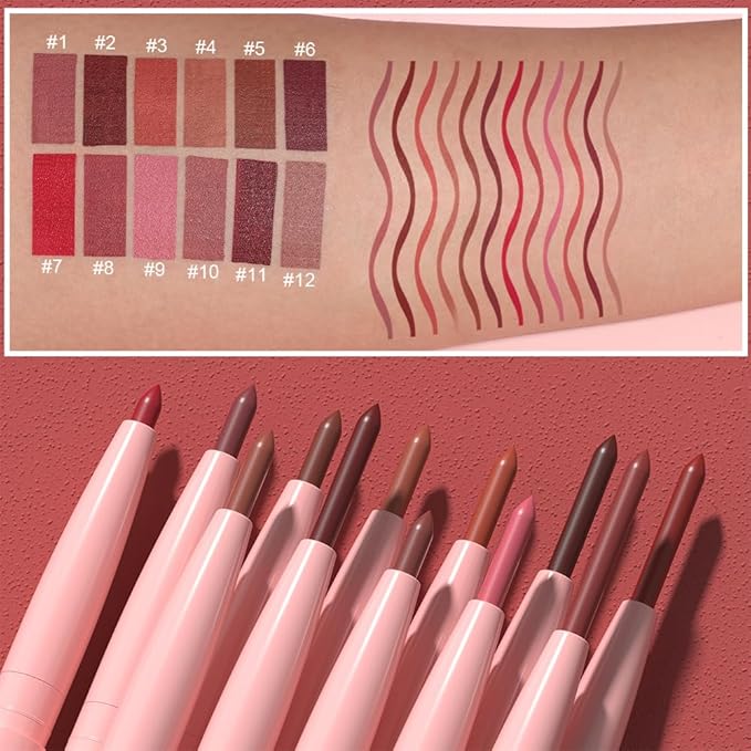 12 Colors Retractable Lip Liner Kit for Define & Sculpting Lips Shades, Long Lasting Waterproof High Pigment Matte Finish Creamy Texture Lip Liner Pencil Set for Women (12 Colors, M)