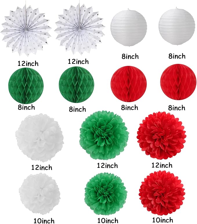 Red-Green White Party Decorations - 14pcs Winter Birthday New Year Paper Lanterns Fan,Italian Tissue Pom Poms Streamers,Honeycomb Balls, Wedding Baby Shower Decor Lasting Surprise