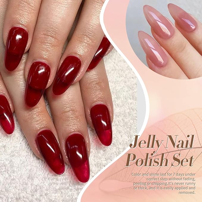 Born Pretty Jelly Nail Polish Set, 6 Colors Burgundy Red Brown Nude Pink Natural Colors Quick Dry Nail Polish Sheer Transparent Fall Winter Fingernail Polish for DIY Nail Art Salon Home Gifts