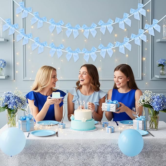2Pcs Bow Garland Banner,Ribbon Bow Decorations for Party,Blue Bow for Baby Shower Decorations Wedding Bachelorette Bridal Shower Supplies(Blue)