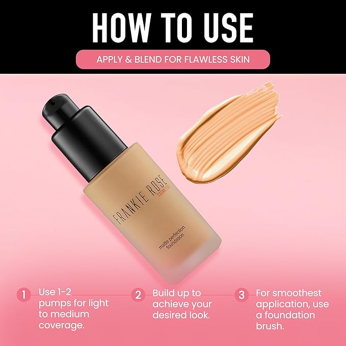 Frankie Rose Cosmetics Matte Perfection Foundation Makeup – Long-Lasting, Hydrating Foundation for Semi-Matte Finish - Full Coverage for All Skin Types - (Olive) 1.0 US fl oz / 30 ml