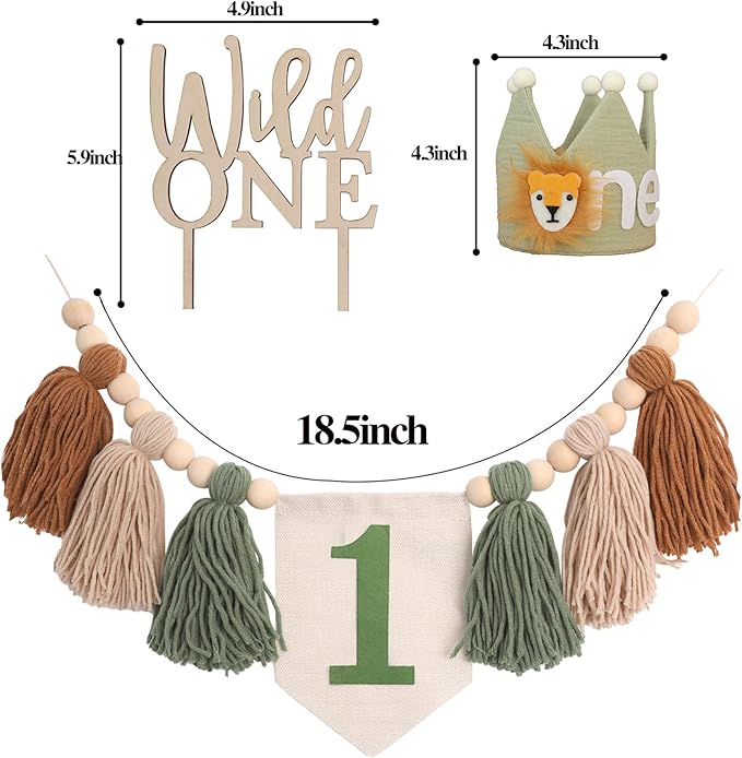 Wild One 1st Highchair Banner Wood Bead Tassel Garland Lion Crown Hat Wooden Cake Topper Birthday Party Decorations
