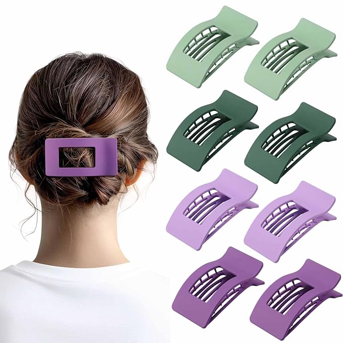 8 Pack French Flat Hair Clips for Women – Large Matte No-Slip Claw Barrettes for Thick & Thin Hair, Strong Hold Styling Accessories (Green and Purple)