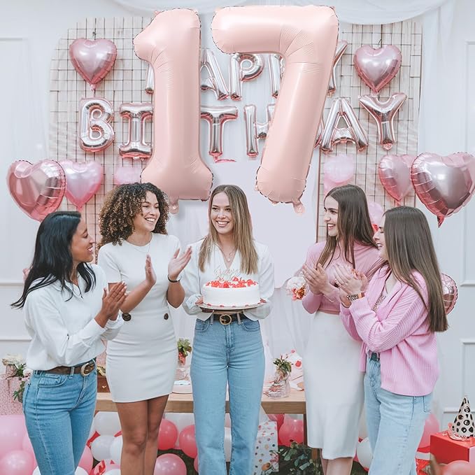 17th Birthday Balloons for Girls, 40'' Foil Self Inflating Dusty Light Baby Pink Number 17 Balloon, Pastel Blush Pink Big Helium Mylar 17 Balloon Number for Birthday Party Decor Anniversary Decoration