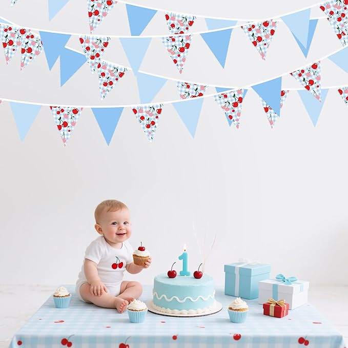 32Ft Blue Gingham Cheery Pennant Banner Fabric Triangle Flag Garland Streamers Party Decorations for Ma Cherie Baby Shower Cherry on Top Bachelorette Fruit Birthday Picnic Spring Garden Supplies