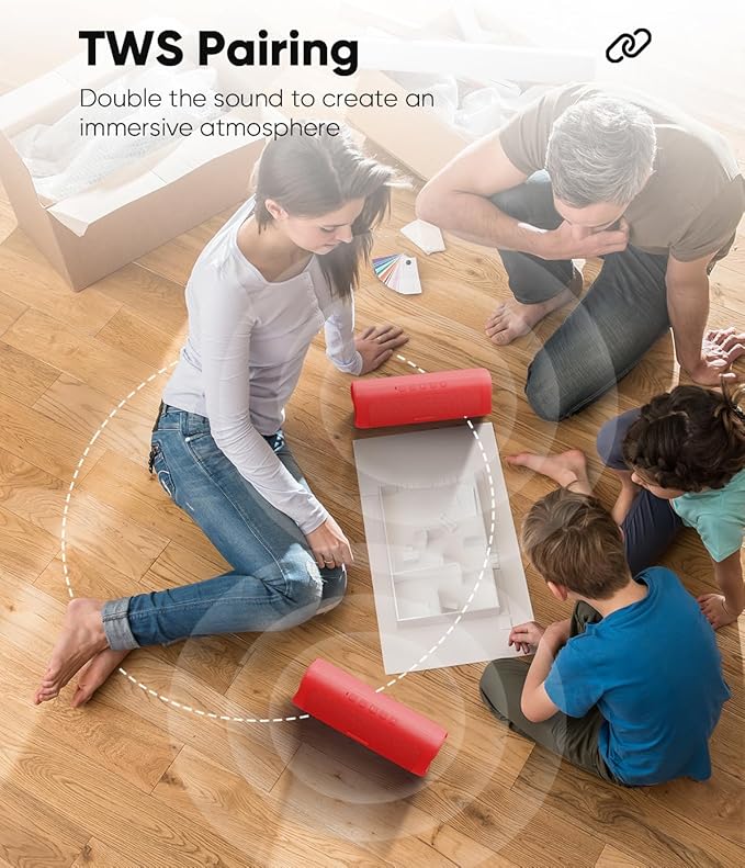 Bluetooth Speaker Stocking Stuffers for Men Women Teens Boys Girls: Portable Wireless, IPX5 Waterproof, White Elephant Gifts for Adults, Up to 20H Playtime, TWS Pair, for Home/Party/Outdoor (Red)