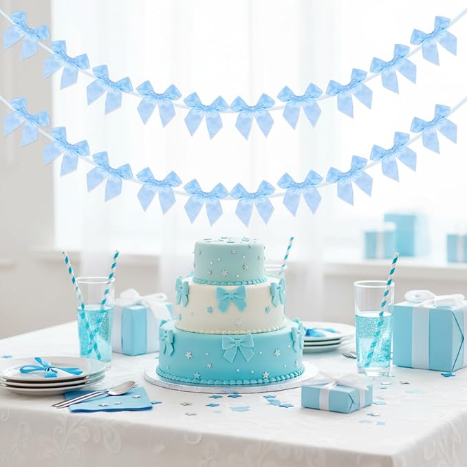2Pcs Bow Garland Banner,Ribbon Bow Decorations for Party,Blue Bow for Baby Shower Decorations Wedding Bachelorette Bridal Shower Supplies(Blue)