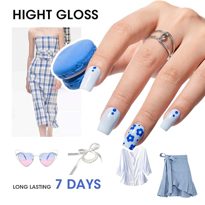 Gellen Blue Nail Polish & Clear Base Top Coat Nail Polish, Quick Air Dry Natural Regular Nails Polish Bright Baby Cobalt Ocean Blue 6pcs Set for Acrylic Natural Nails Home Salon, Non UV Gel, Hema Free