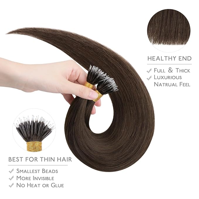 WENNALIFE Nano Bead Hair Extensions Human Hair, 50g 100s 14 Inch Chocolate BrownReal Human Hair Extensions for Women Invisible Nano Ring Hair Extensions Remy Human Hair Extensiones De Cabello Humano