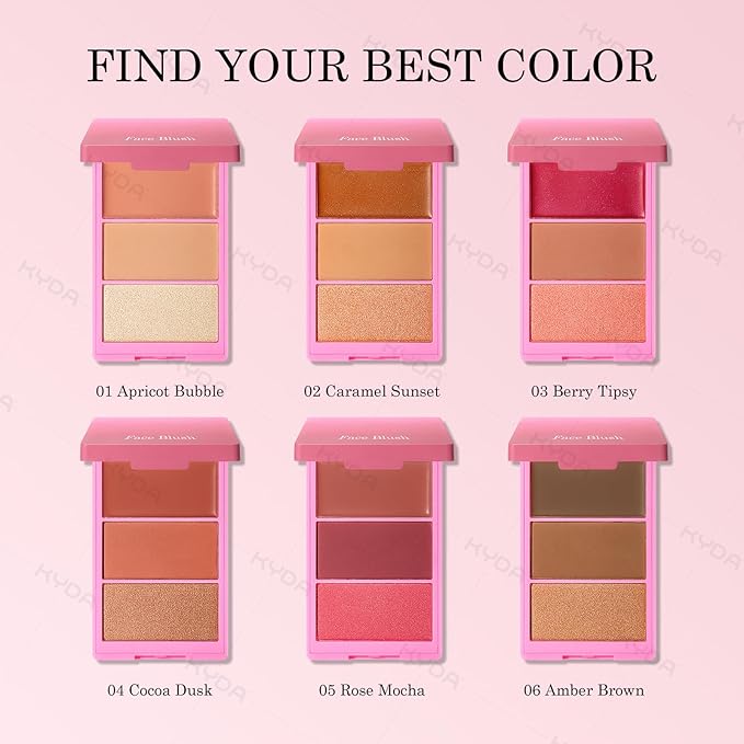 KYDA 3 Colors Blush Palette, All-In-One Face Maleup Palette, Matte Cheek Blusher Makeup, Multi-Finish Shimmery Blusher, Blendable Blush Highlighter Powder,06