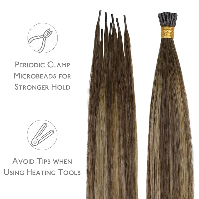 WENNALIFE I Tip Hair Extensions Real Human Hair, 100g 100s 22 Inch Balayage Chocolate Brown to Caramel Blonde Remy Itip Human Hair Extensions Invisible Itips Straight I Tips Cold Fusion Extensions