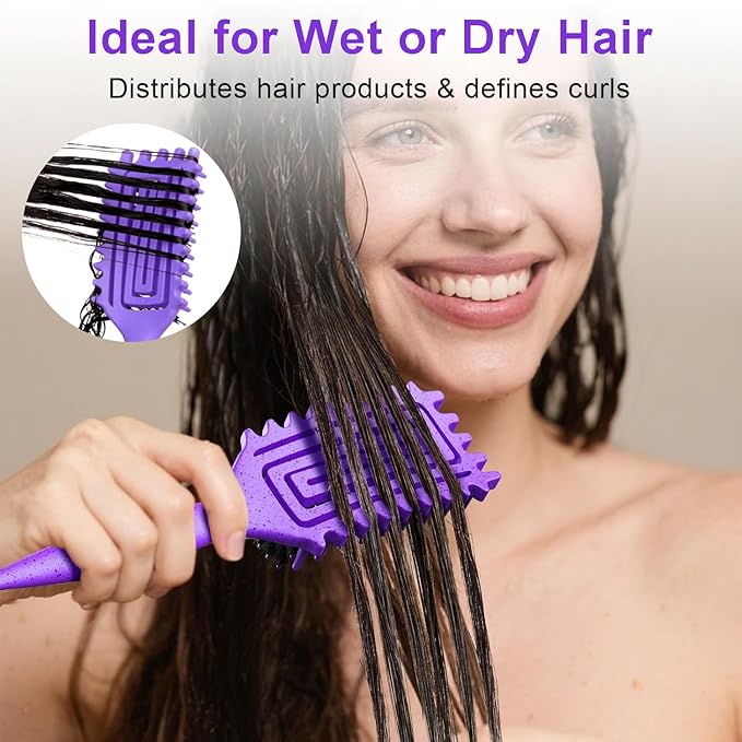 2-Pack Curly Hair Brush, Curl Defining Brush with Soft Boar Bristles Detangling Tangled Glides,Wide-Teeth Design Effortlessly Shaping & Defining Curls,Curling Definer for Wet & Dry Hair (Green Purple)