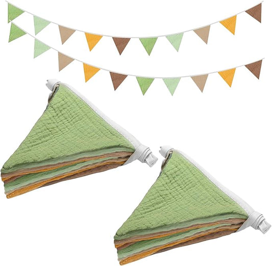 2PCS Pennant Banner Flags, Fabric Bunting Banner Nursery Garland Decor, Baby Shower Garland, Triangle Flags for Baby Boy Room, Playroom, Boho Birthday Party Decor, Each 7.75 ft (Green Brown Yellow)