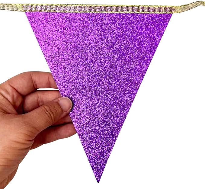 30Ft Purple Gold Party Decoration Pennant Banner Flag Hanging Glitter Paper Triangle Bunting for Baby Shower Birthday Bridal Shower Wedding Bachelorette Engagement Lavender Lilac Violet Party Supplies
