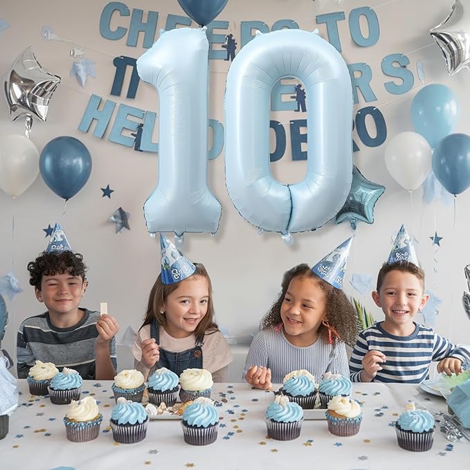 40 Inch 10 Balloon Number, Large Pastel Matte Baby Blue Foil Number 10 Balloons Birthday Party Decor, Light Powder Blue Helium Mylar Self Inflating Balloon for Boy 10th Birthday Anniversary Decoration