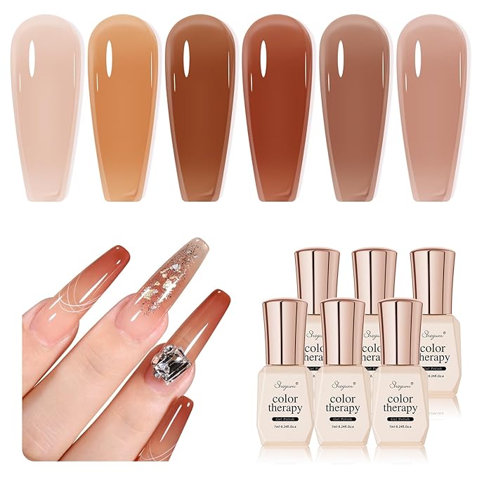 Fall Gel Nail Polish Set: 6 Colors Jelly Pumpkin Semi-transparent Natural Sheer Gel Nail Kit, Soak Off