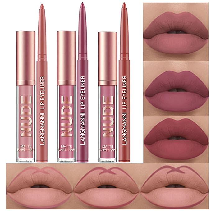 BestLand 6Pcs Matte Liquid Lipstick and Lip Liner Set, Non-Stick Cup Not Fade Waterproof 24 Hour Lip Gloss Nude Brown Lip Liner Pencil for Women, labiales mate 24 horas originales (Set C)