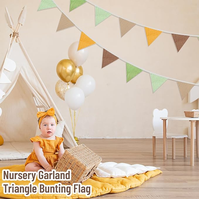 2PCS Pennant Banner Flags, Fabric Bunting Banner Nursery Garland Decor, Baby Shower Garland, Triangle Flags for Baby Boy Room, Playroom, Boho Birthday Party Decor, Each 7.75 ft (Green Brown Yellow)