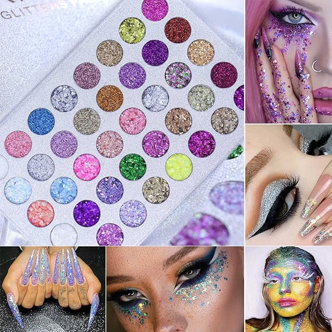 evpct CAKAILA Glitter Colorful Sparkly Eyeshadow Palette For Eye Makeup White Silver Glue Gel Face Paint , 40 Colors