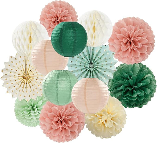 Sage-Green Pink-Beige Boho Party-Decorations Streamers - 14pcs Rustic Neutral Wedding Olive Paper Honeycomb Lanterns Fan,Birthday Baby Bridal Shower Engagement Decor Lasting Surprise