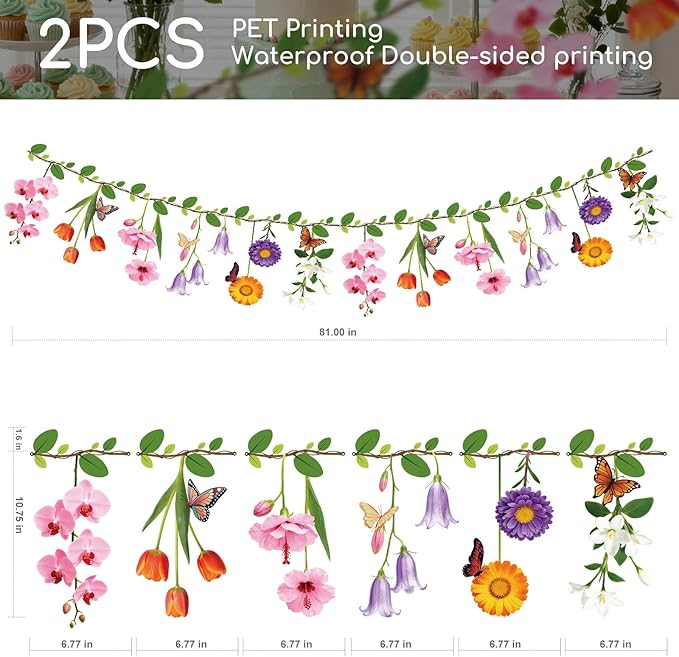 2PCS Flower Banner Reusable Wildflower Garland Floral for Spring Party Enchanted Garden Theme Picnic Wedding Baby Shower Birthday Tea Party Christmas Valentine's Day Supplies Home Decorations