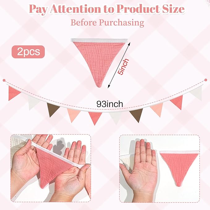 2PCS Pennant Banner Flags, Fabric Bunting Banner Nursery Garland Decor, Baby Shower Garland, Triangle Flags for Baby Boy Room, Playroom, Boho Birthday Party Decor, Each 7.75 ft (White Pink)