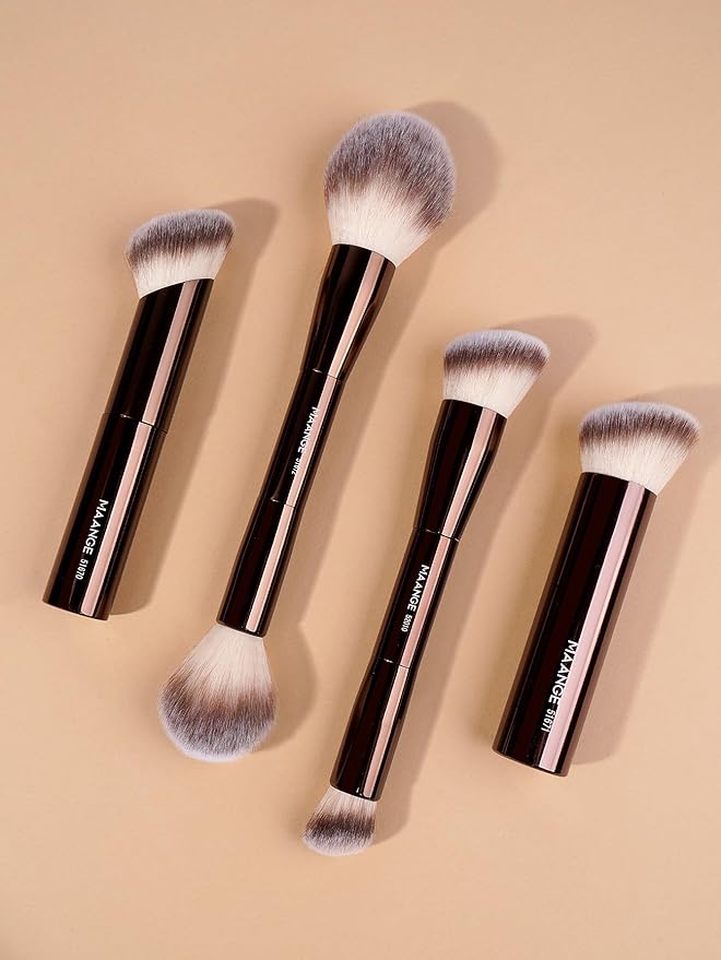 MAANGE 4 PCS Foundation Makeup Brush Set Double-ended Kabuki Contour Brush for Liquid Powder Concealer Cream Cosmetics Blending Blush Face Makeup Tools Kit (Coffee)