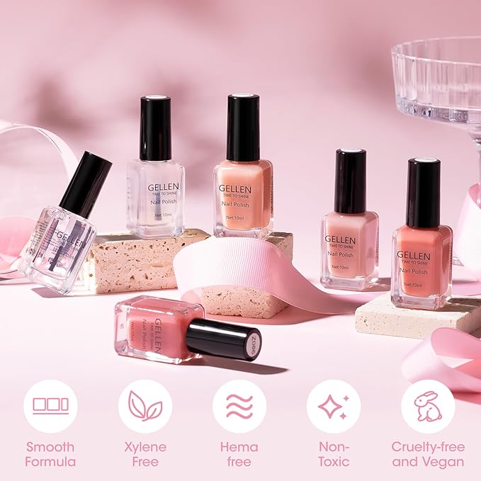 GELLEN Sheer Pink Nail Polish & Clear Base Top Coat Nail Polish, Light Pink Jelly Nails Polishes Summer Spring 6pcs Set, Quick Air Dry Non-Gel Traditional Regular Nails Polishes, Hema Free, Non-toxic